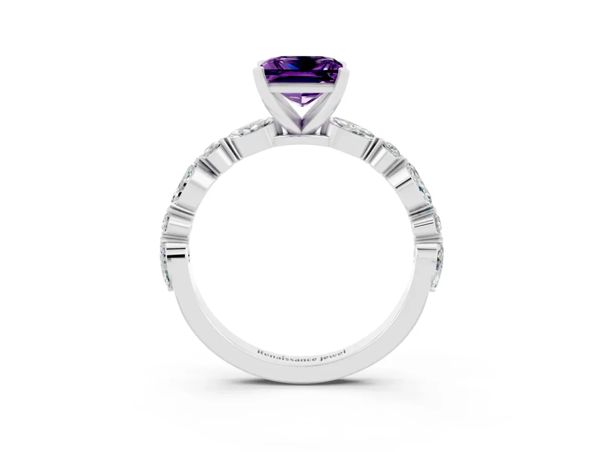 Princess Cut Amethyst Ring with Marquise and Round Side Stones and Four-Prong Setting Platinum