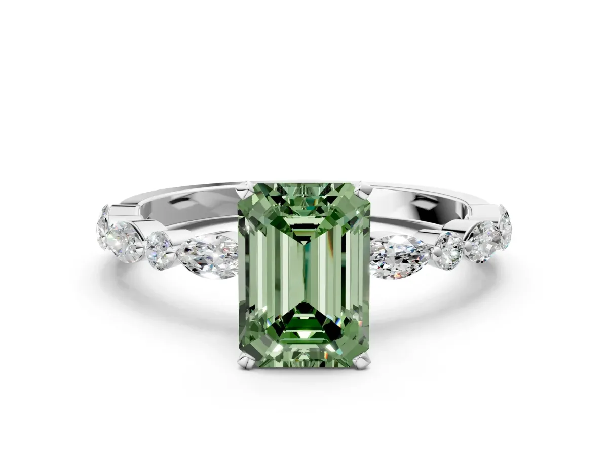 Fancy Green Emerald Cut Diamond Ring with Marquise and Round Side Stones and Four-Prong Setting Silver
