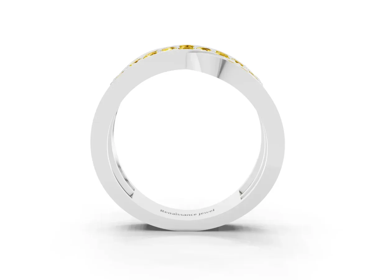 Pavé Round Yellow Sapphire Crossover Band with Bead Prong Setting White gold