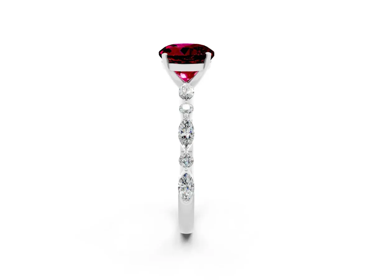 Round Cut Garnet Ring with Marquise and Round Side Stones and Four-Prong Setting Platinum