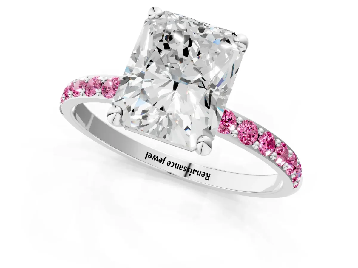 Radiant Cut Diamond Solitaire Ring with Round Pink Sapphire Pavé Band and Prong Setting Silver