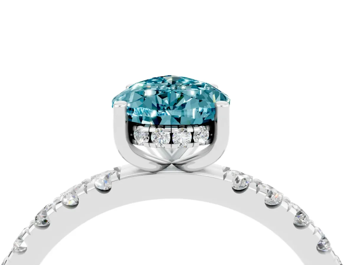 Pear Cut Blue Topaz Pave Band Solitaire Ring with Round and Prong Setting White gold