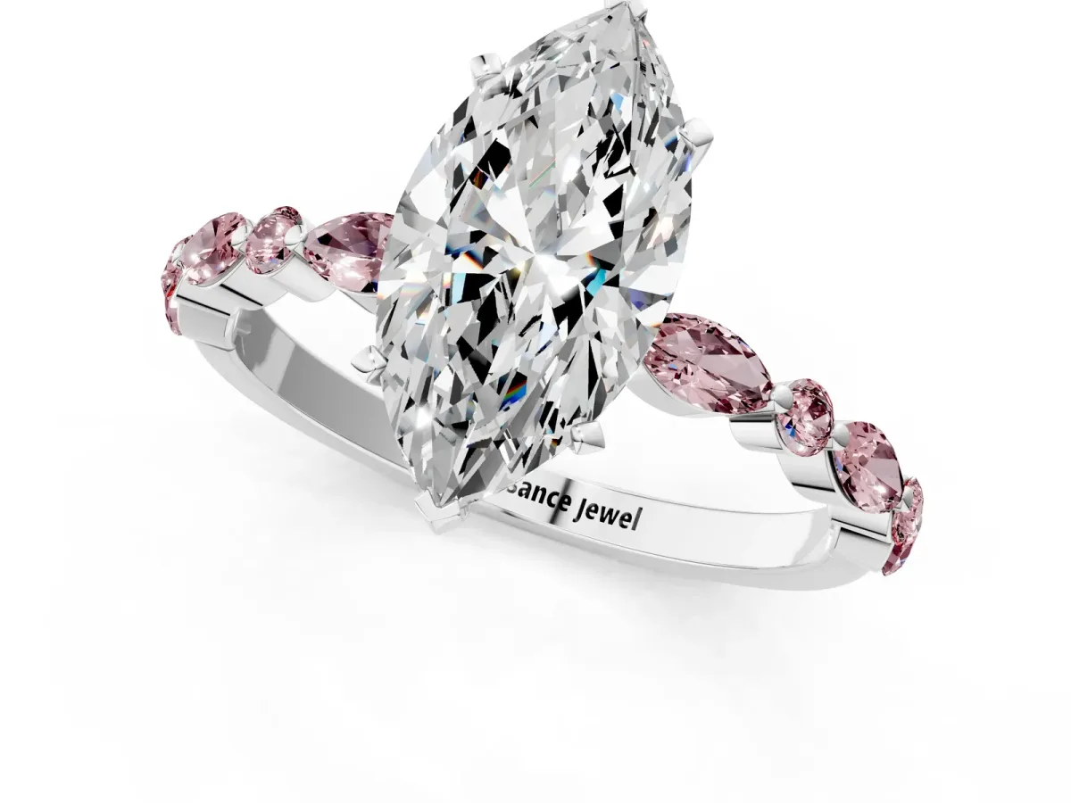 Marquise Cut Diamond Ring with Marquise and Round Morganite Side Stones and Four-Prong Setting Silver
