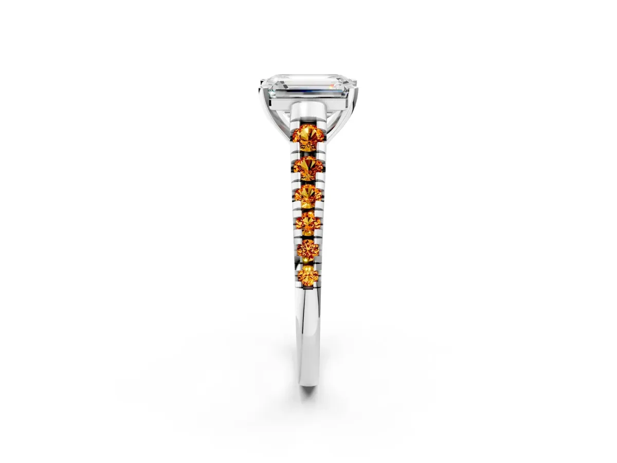 Emerald Cut Diamond Cathedral Solitaire Ring with Round Citrine Pavé Band Platinum