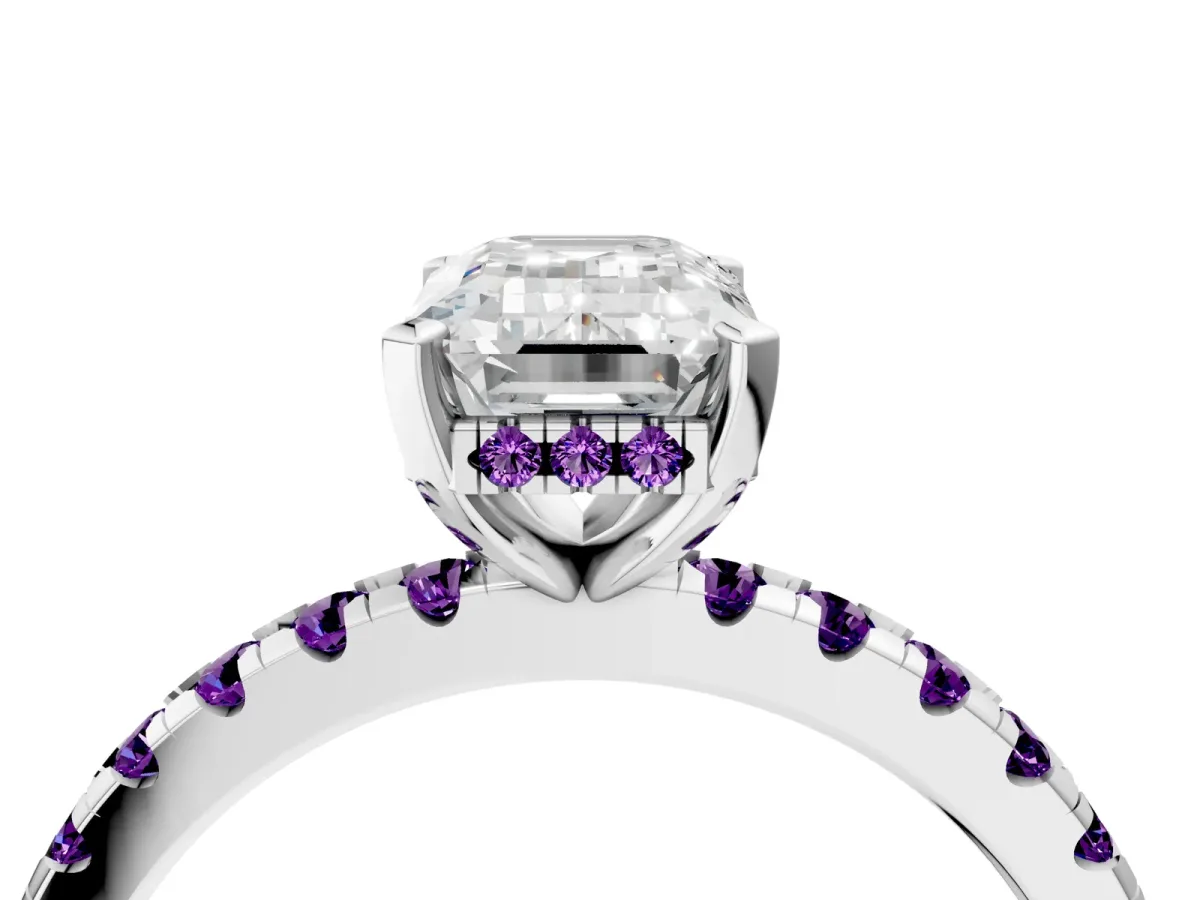 Emerald Cut Diamond Solitaire Ring with Round Amethyst Pavé Band and Four-Prong Setting Platinum
