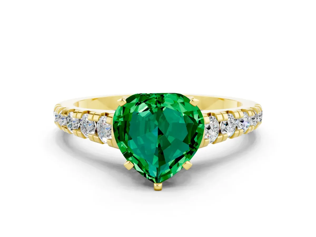 Heart Cut Emerald Cathedral Solitaire Ring with Round Pavé Band Yellow gold