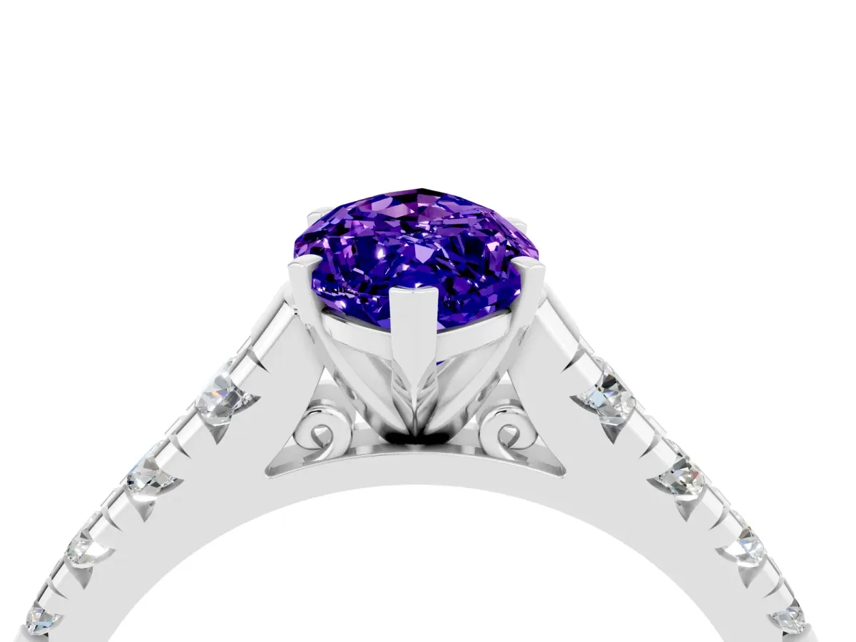 Marquise Cut Tanzanite Cathedral Solitaire Ring with Round Pavé Band Platinum