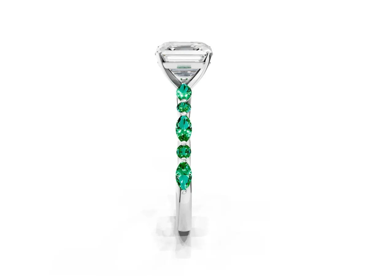 Asscher Cut Diamond Ring with Marquise and Round Emerald Side Stones and Four-Prong Setting Silver