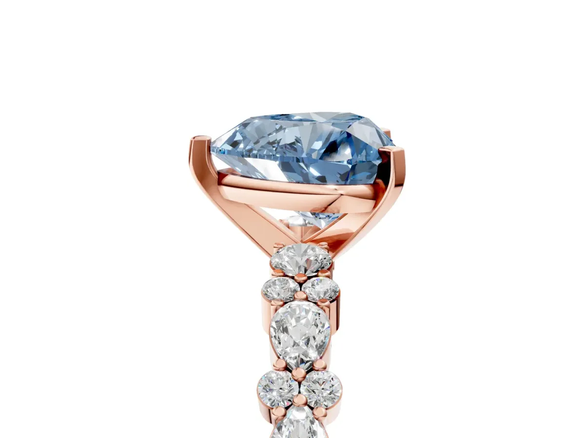 Fancy Blue Heart Cut Diamond Side Stone Solitaire Ring with Round and Four-Prong Setting Rose gold