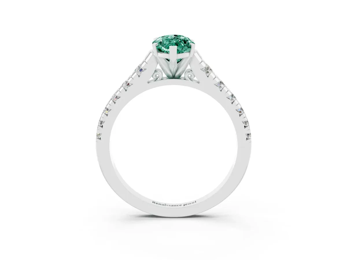 Marquise Cut Green Sapphire Cathedral Solitaire Ring with Round Pavé Band Silver