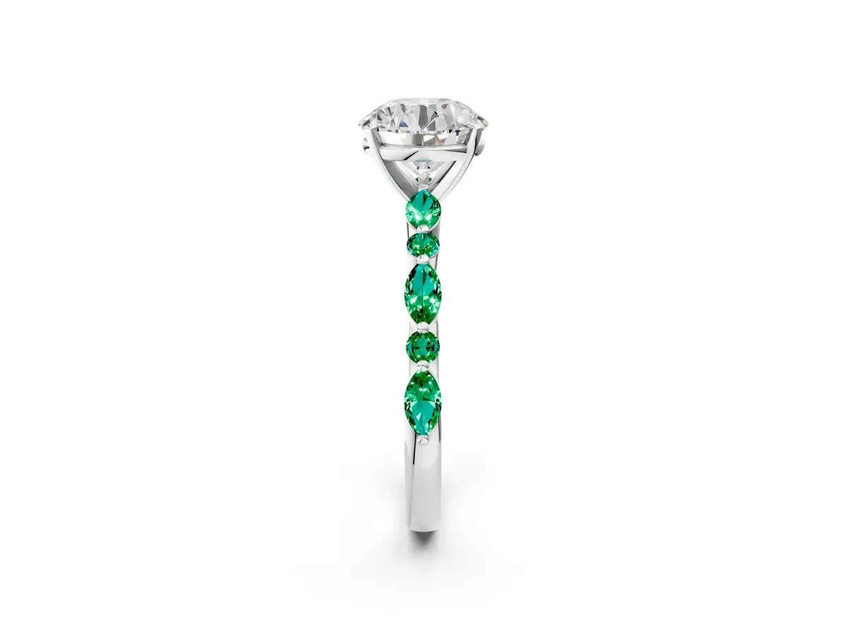 Round Cut Diamond Ring with Marquise and Round Emerald Side Stones and Four-Prong Setting Platinum