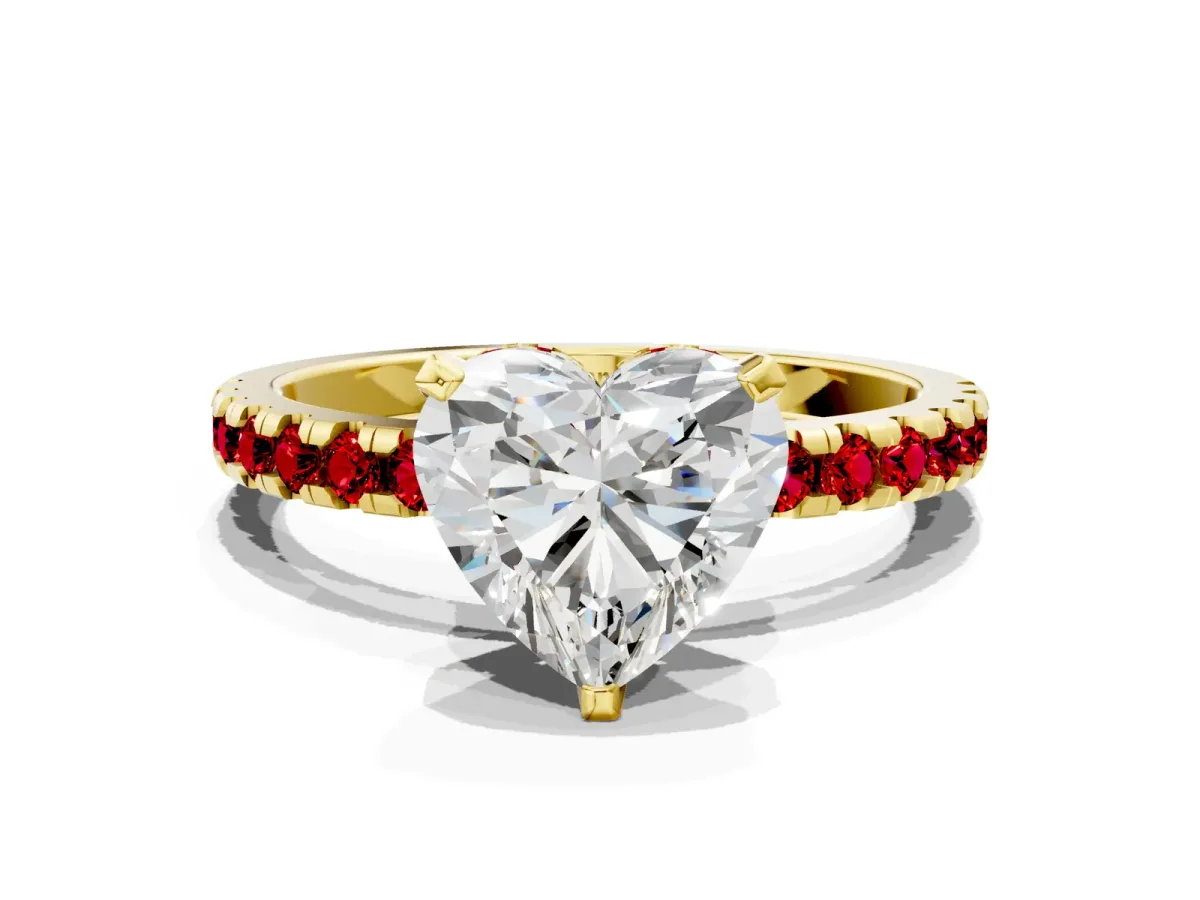 Heart Cut Diamond Solitaire Ring with Round Ruby Pavé Band and Four-Prong Setting Yellow gold