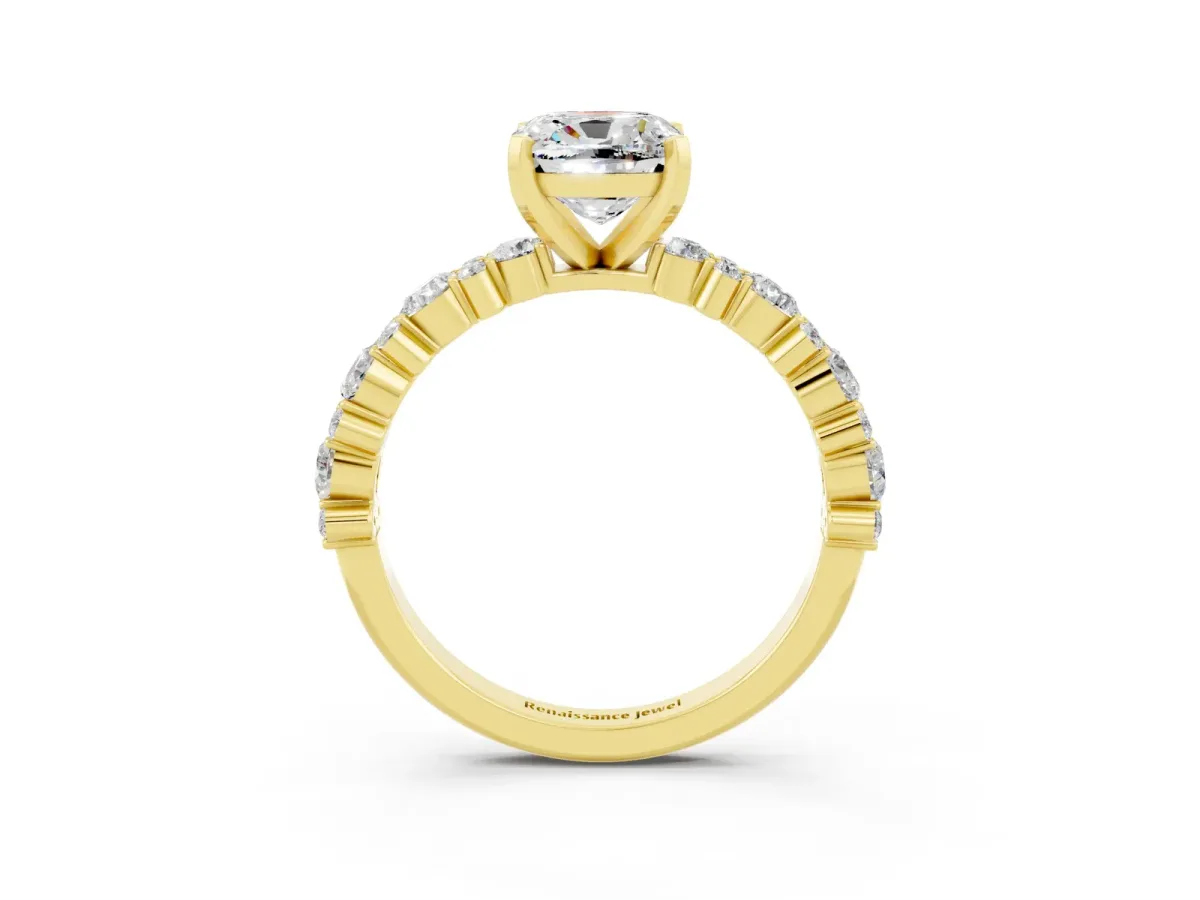 Cushion Cut Moissanite Side Stone Solitaire Ring with Round and Four-Prong Setting Yellow gold