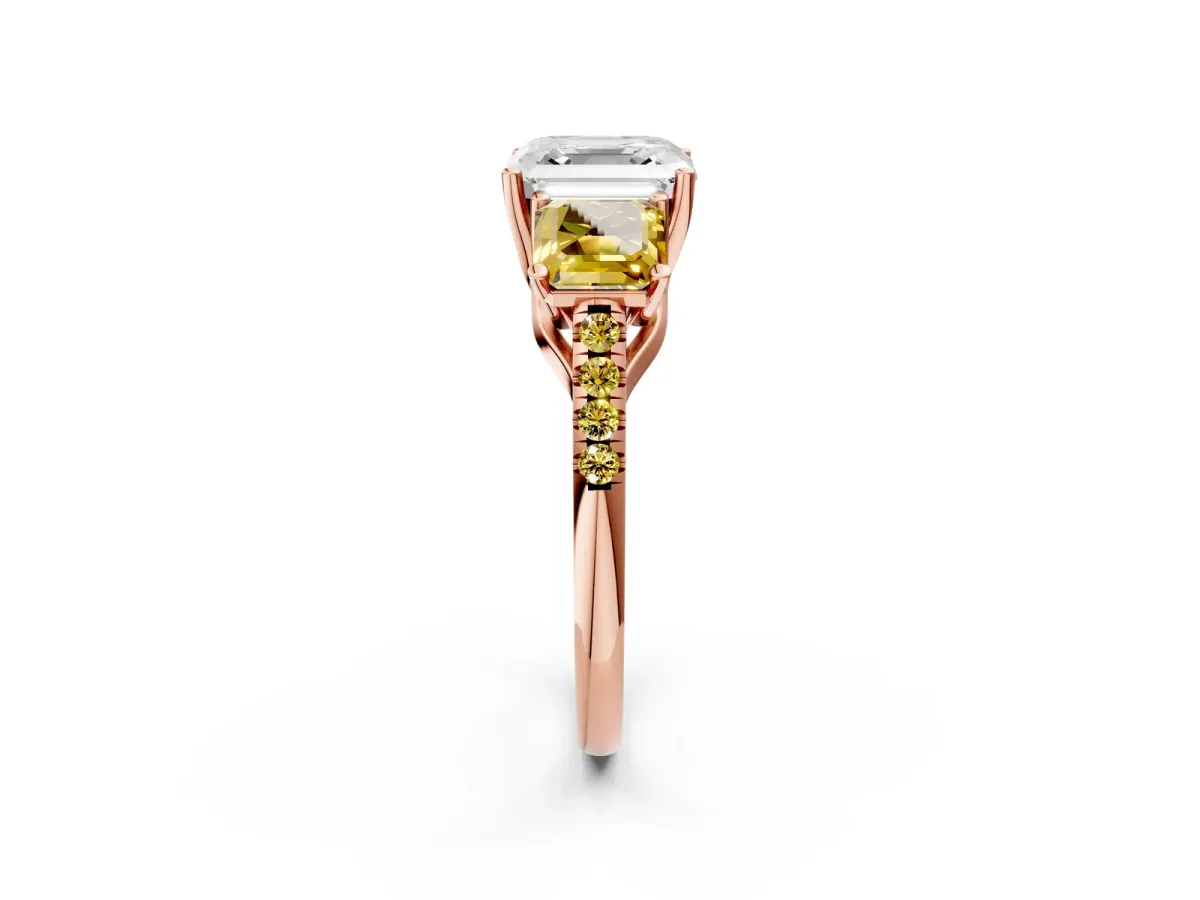 Three-Stone Asscher Cut Diamond Ring with Round Yellow Sapphire Pavé Band and Prong Setting Rose gold
