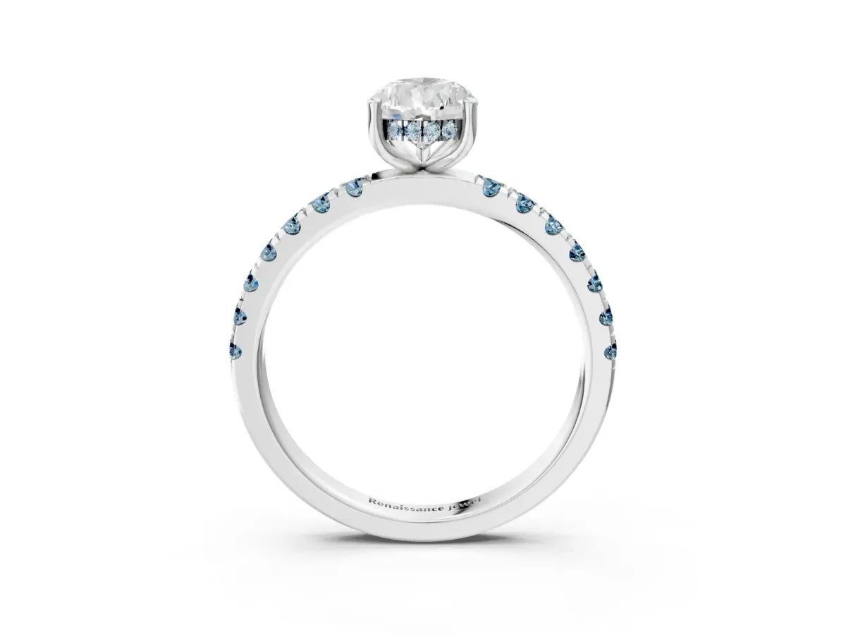 Pear Cut Diamond Pave Band Solitaire Ring with Round Aquamarine and Prong Setting Platinum