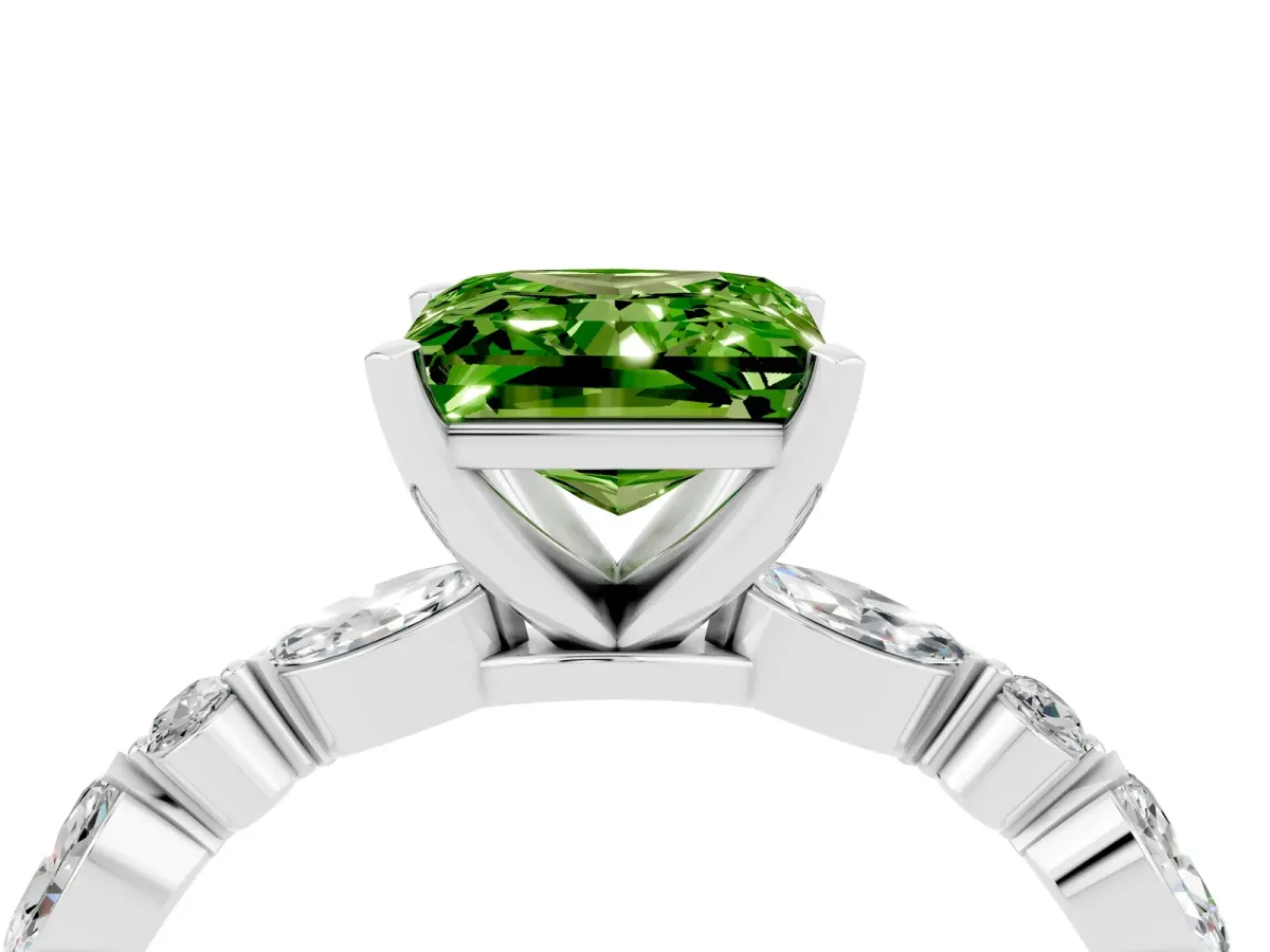 Princess Cut Peridot Ring with Marquise and Round Side Stones and Four-Prong Setting Silver