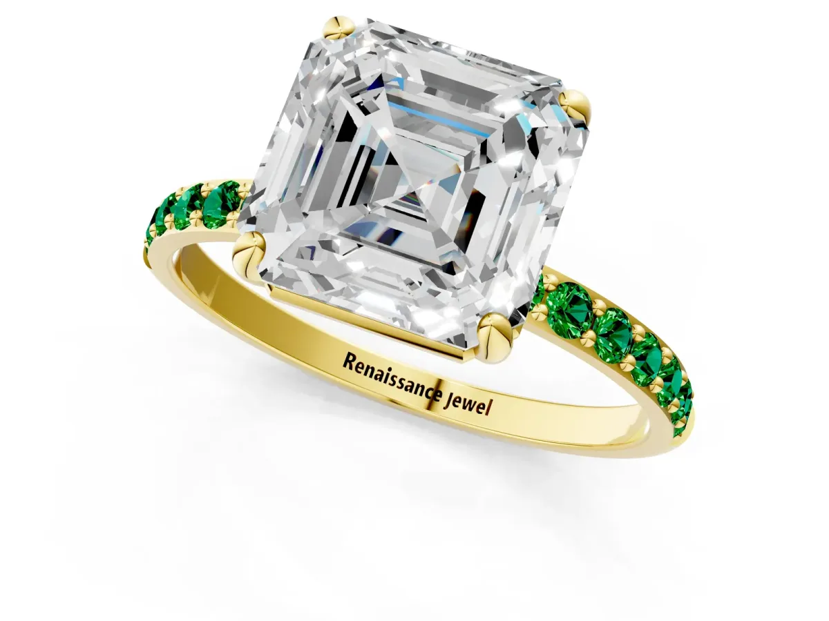 Asscher Cut Diamond Solitaire Ring with Round Emerald Pavé Band and Prong Setting Yellow gold