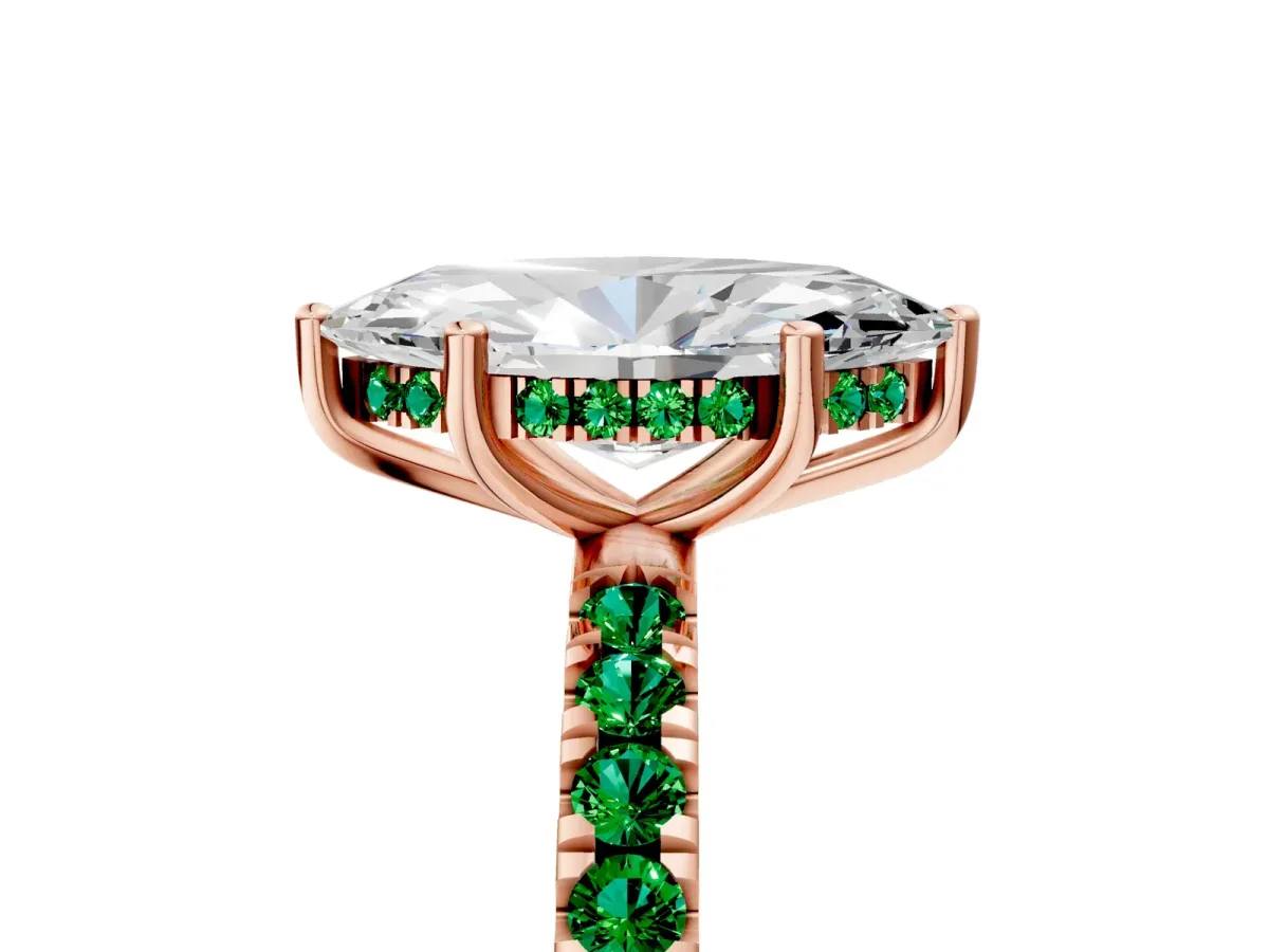 Marquise Cut Diamond Pave Band Solitaire Ring with Round Emerald and Prong Setting Rose gold
