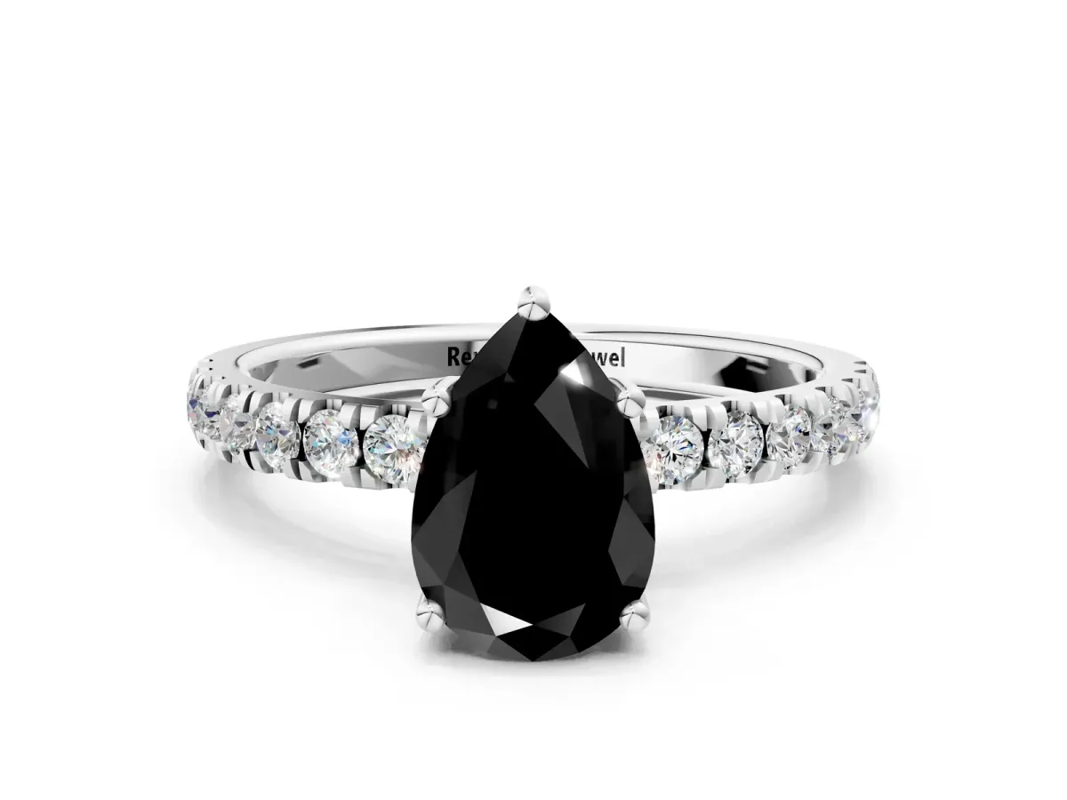 Fancy Black Pear Cut Diamond Pave Band Solitaire Ring with Round and Prong Setting Platinum