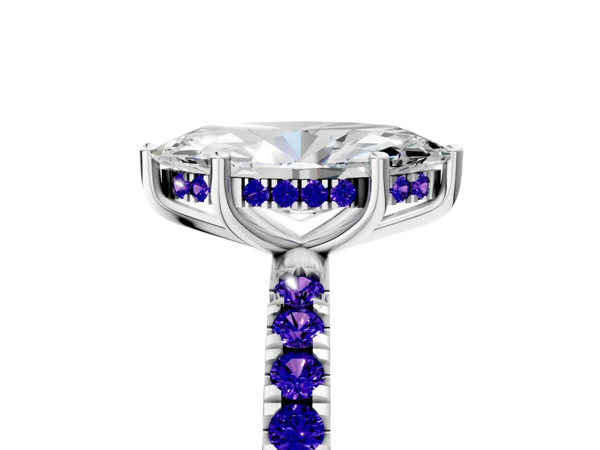 Marquise Cut Diamond Pave Band Solitaire Ring with Round Tanzanite and Prong Setting White gold