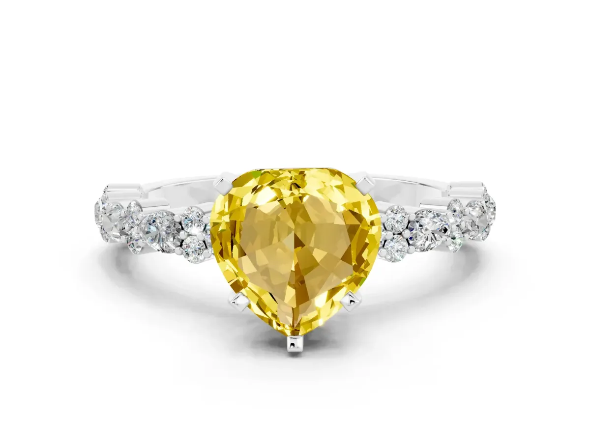 Heart Cut Yellow Sapphire Side Stone Solitaire Ring with Round and Four-Prong Setting Platinum
