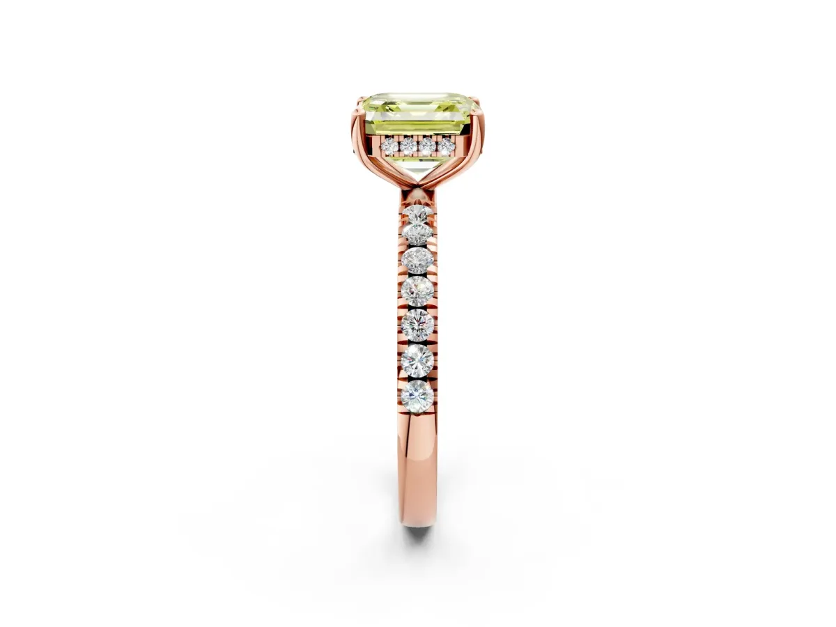 Fancy Yellow Asscher Cut Diamond Pave Band Solitaire Ring with Round and Prong Setting Rose gold