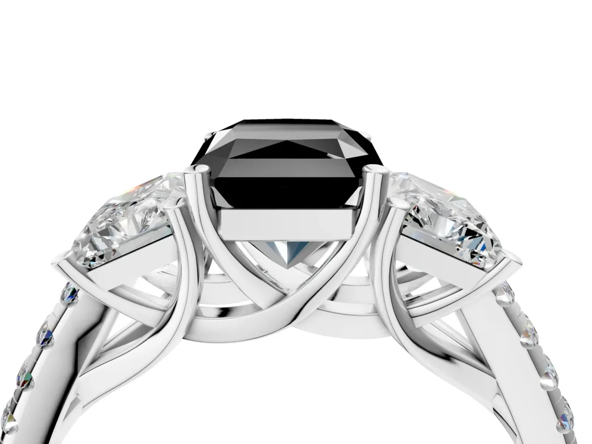 Fancy Black Three-Stone Radiant Cut Diamond Ring with Round Pavé Band and Prong Setting White gold