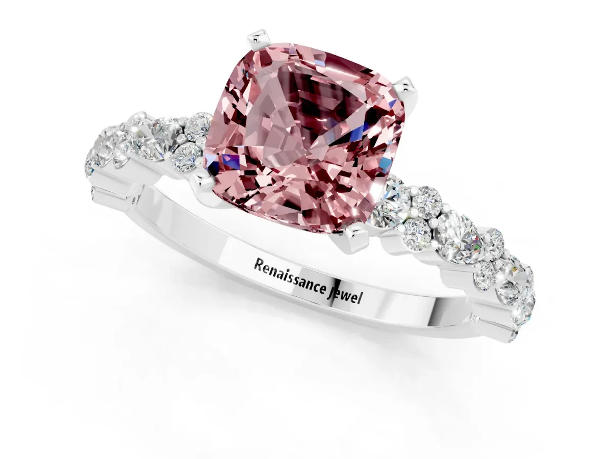 Cushion Cut Morganite Side Stone Solitaire Ring with Round and Four-Prong Setting Platinum