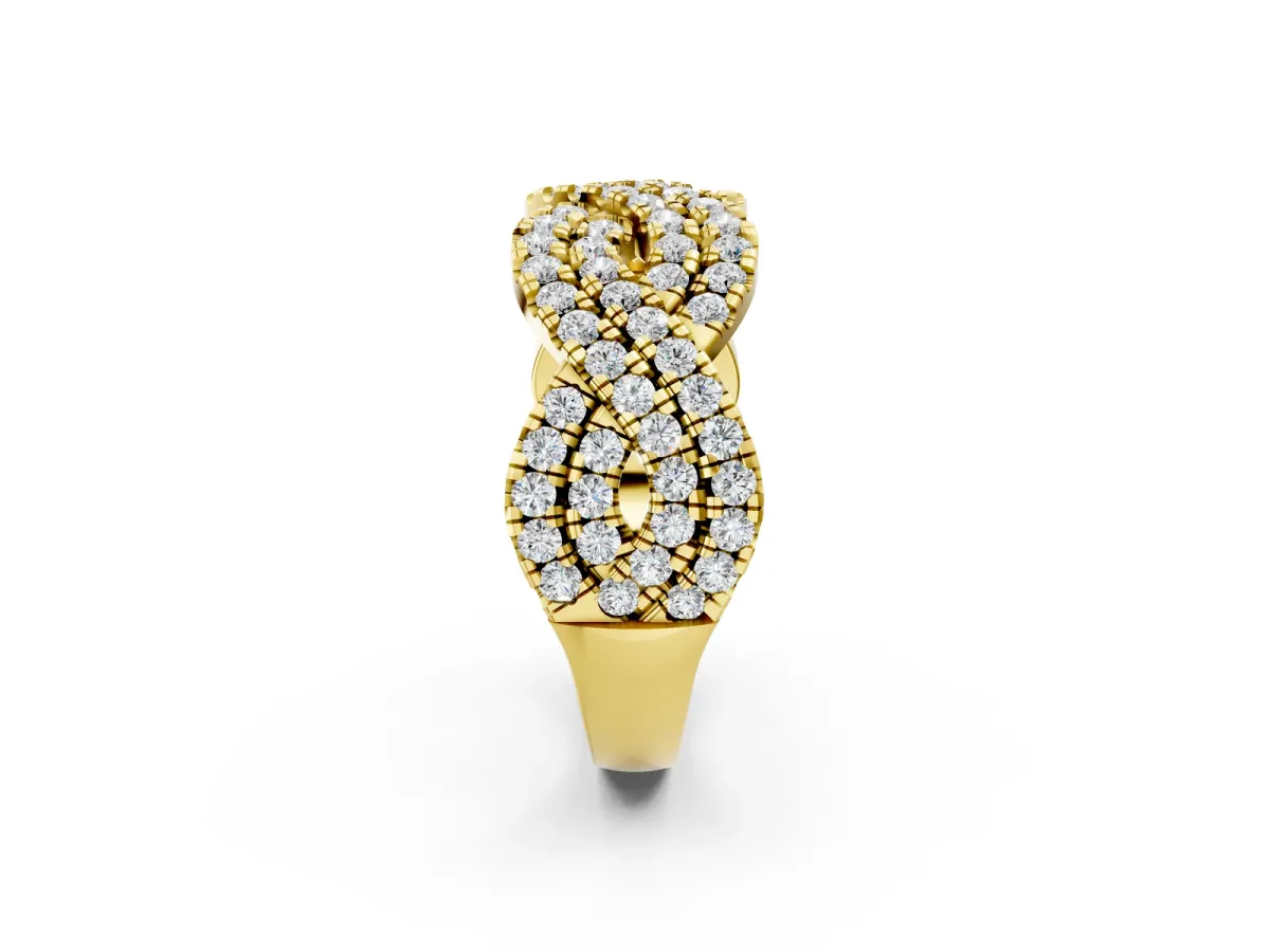 Pavé Round Diamond Infinity Twist Band with Shared Prong Setting Yellow gold
