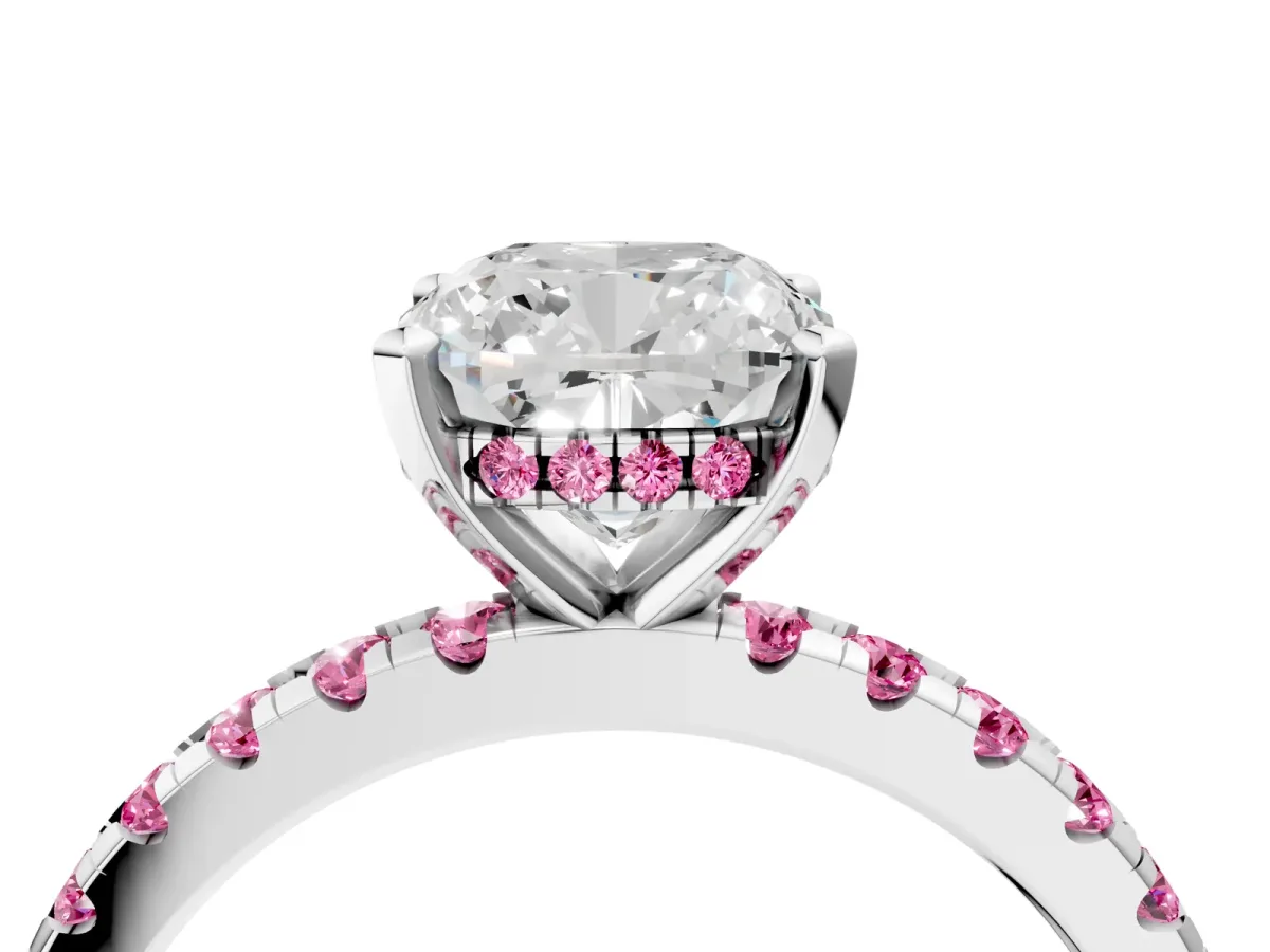 Cushion Cut Diamond Solitaire Ring with Round Pink Sapphire Pavé Band and Four-Prong Setting Silver