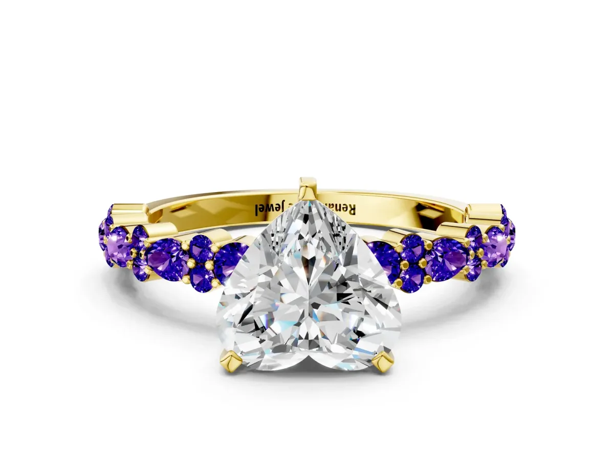 Heart Cut Diamond Side Stone Solitaire Ring with Round Tanzanite and Four-Prong Setting Yellow gold