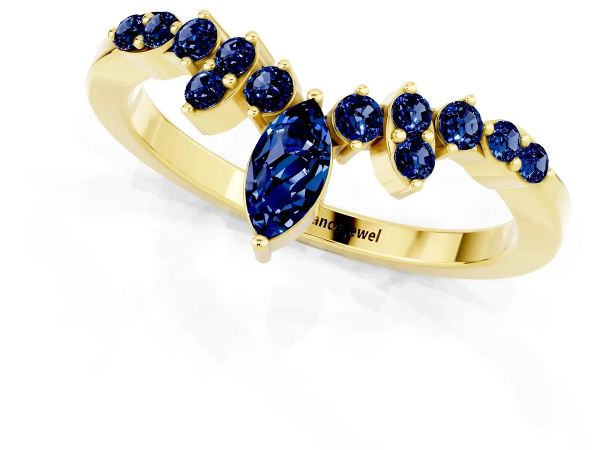 Marquise and Round Blue Sapphire Chevron Band with Prong Setting Yellow gold