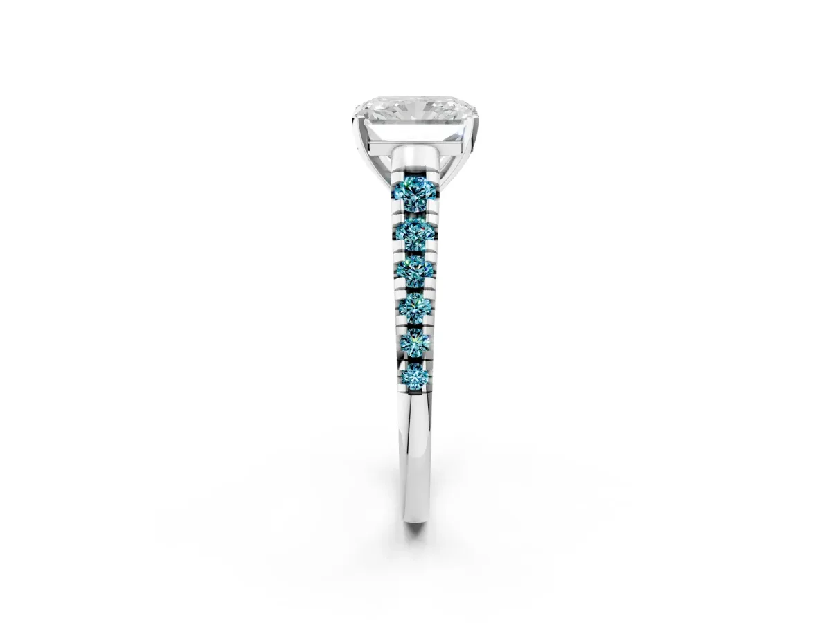 Radiant Cut Diamond Cathedral Solitaire Ring with Round Blue Topaz Pavé Band Silver