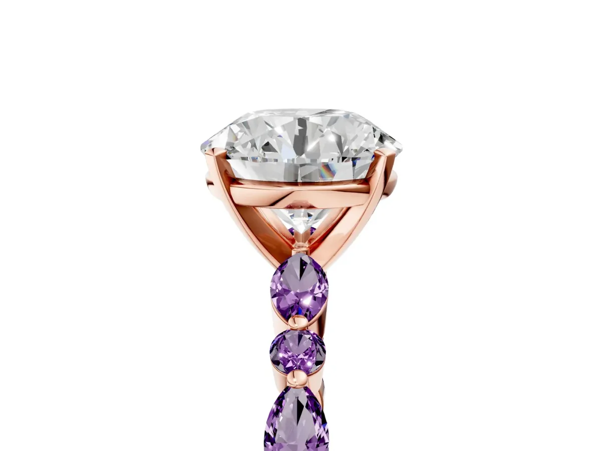 Round Cut Diamond Ring with Marquise and Round Amethyst Side Stones and Four-Prong Setting Rose gold