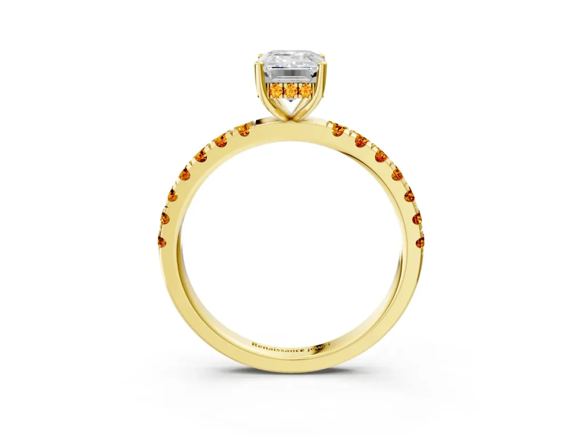 Emerald Cut Diamond Pave Band Solitaire Ring with Round Citrine and Prong Setting Yellow gold