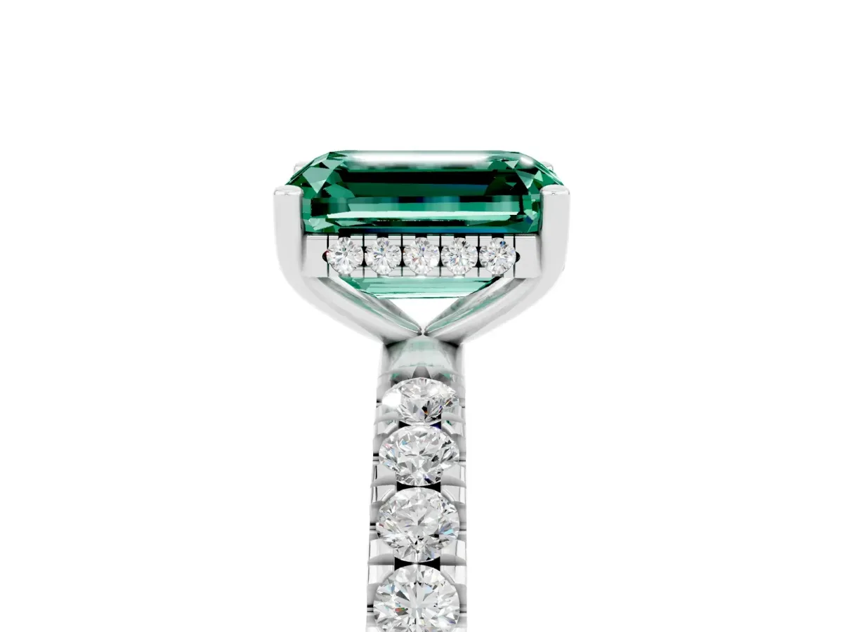Emerald Cut Green Sapphire Pave Band Solitaire Ring with Round and Prong Setting Platinum