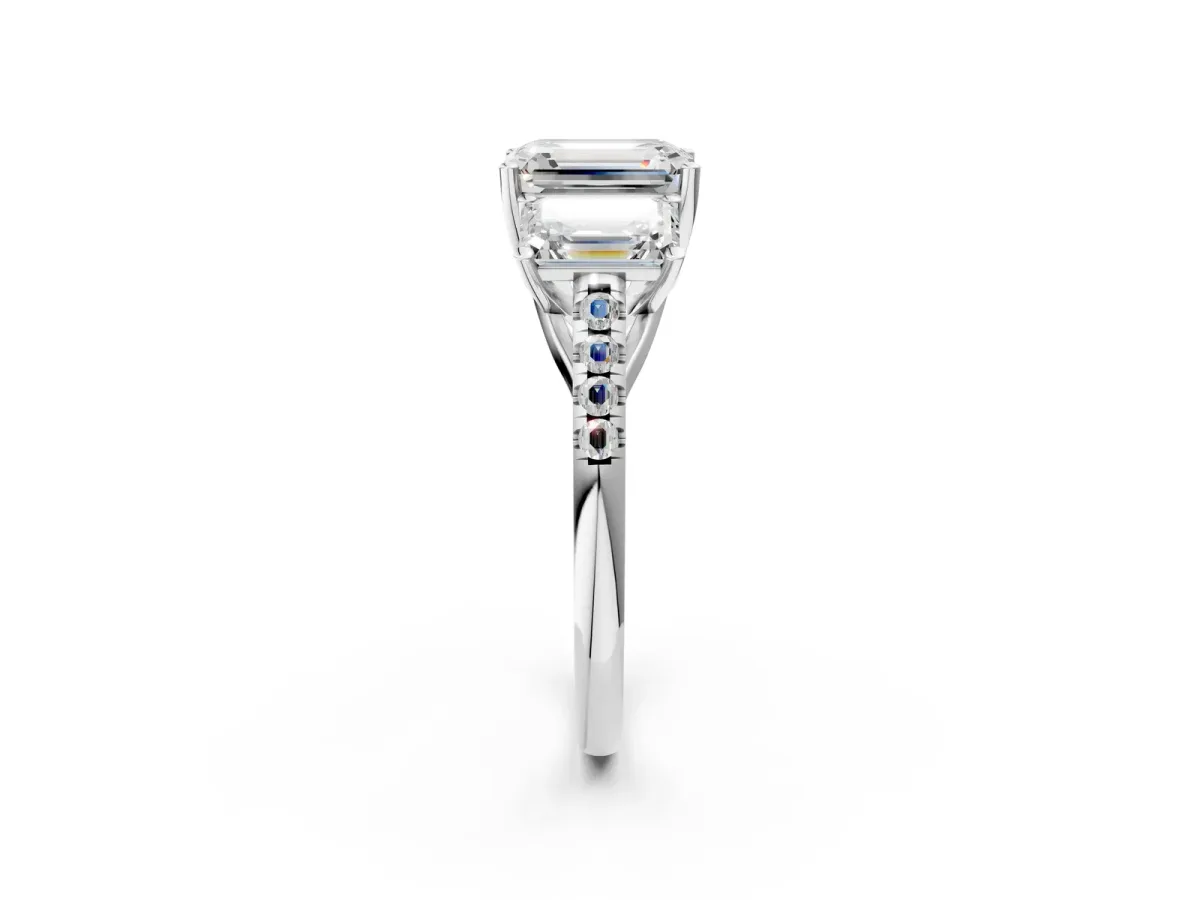 Three-Stone Emerald Cut Diamond Ring with Round Moissanite Pavé Band and Prong Setting Silver