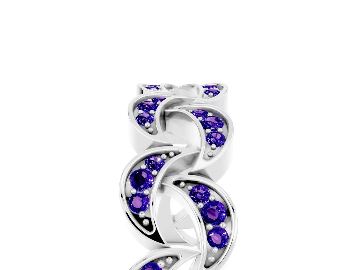 Pavé Round Tanzanite Interlocking Eternity Band with Bezel Prong Setting Silver