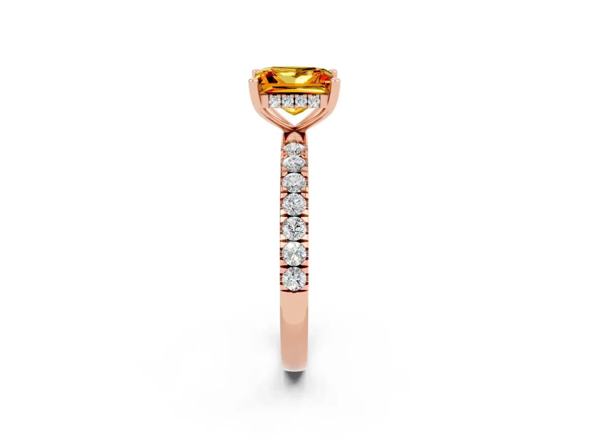 Princess Cut Citrine Pave Band Solitaire Ring with Round and Prong Setting Rose gold