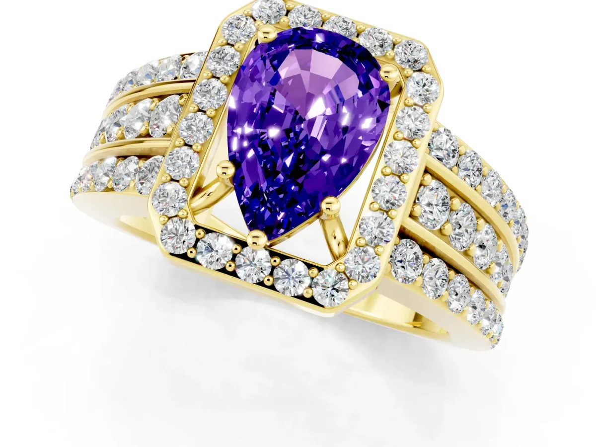 Pear Cut Halo Tanzanite Ring with Round Split Shank and Prong Setting Yellow gold