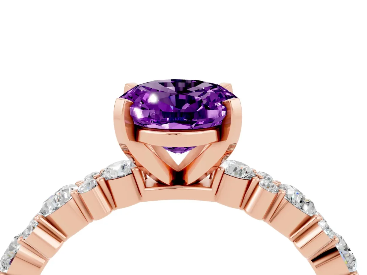Oval Cut Amethyst Side Stone Solitaire Ring with Round and Four-Prong Setting Rose gold