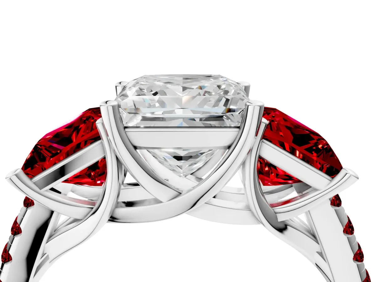 Three-Stone Princess Cut Diamond Ring with Round Ruby Pavé Band and Prong Setting Silver