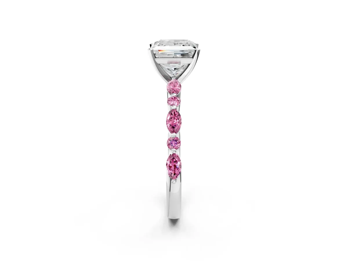 Princess Cut Diamond Ring with Marquise and Round Pink Sapphire Side Stones and Four-Prong Setting Silver