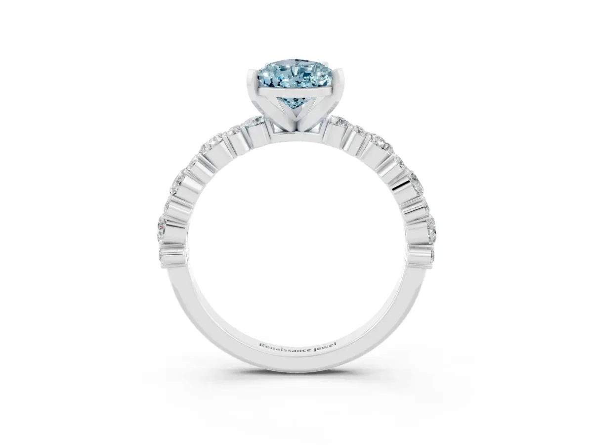 Pear Cut Aquamarine Side Stone Solitaire Ring with Round and Four-Prong Setting White gold