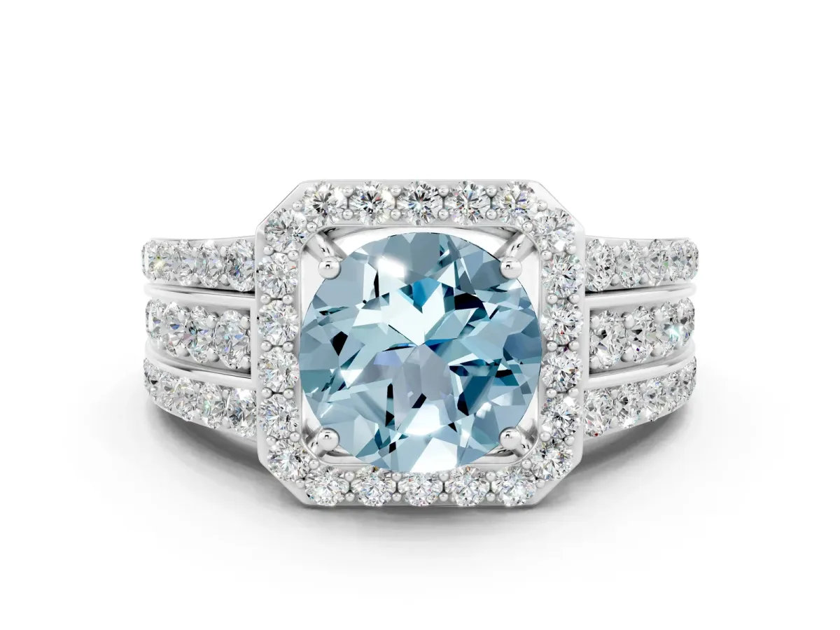 Round Cut Halo Aquamarine Ring with Round Split Shank and Prong Setting Platinum