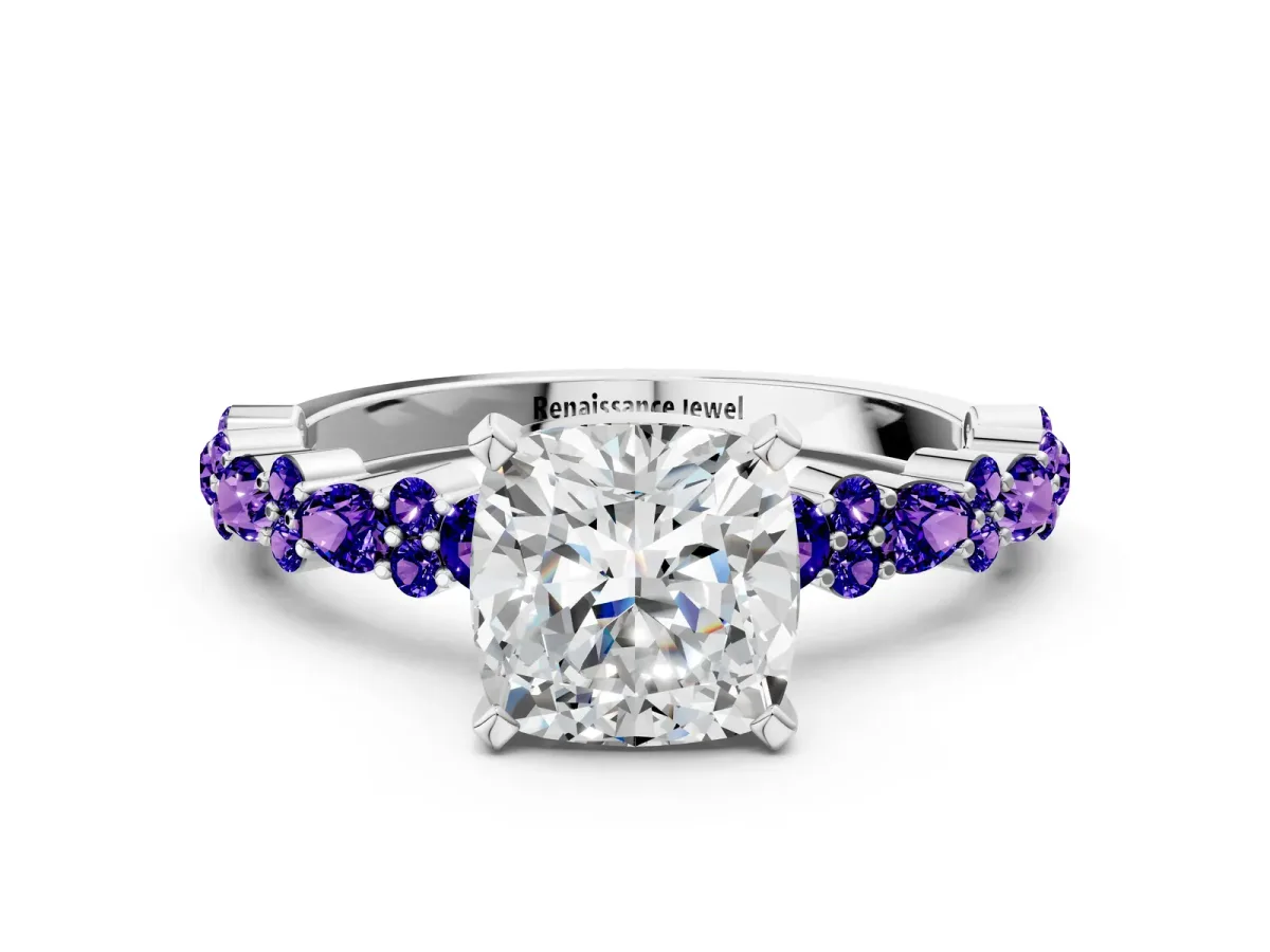 Cushion Cut Diamond Side Stone Solitaire Ring with Round Tanzanite and Four-Prong Setting White gold