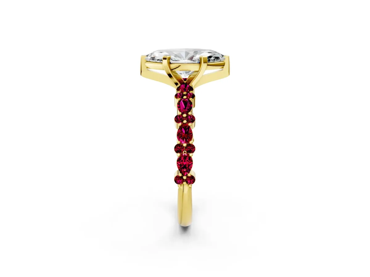 Marquise Cut Diamond Side Stone Solitaire Ring with Round Garnet and Four-Prong Setting Yellow gold