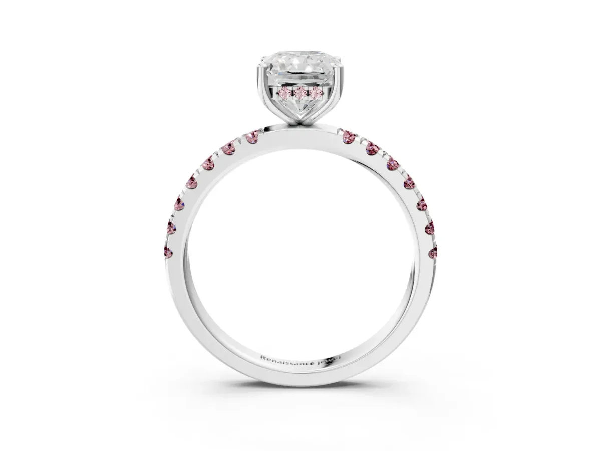 Radiant Cut Diamond Pave Band Solitaire Ring with Round Morganite and Prong Setting Platinum