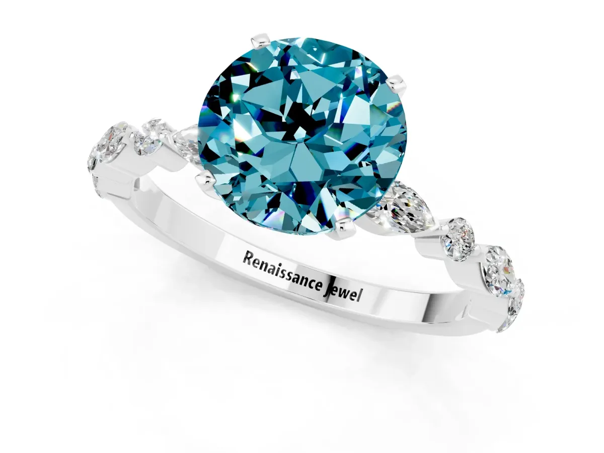 Round Cut Blue Topaz Ring with Marquise and Round Side Stones and Four-Prong Setting Silver