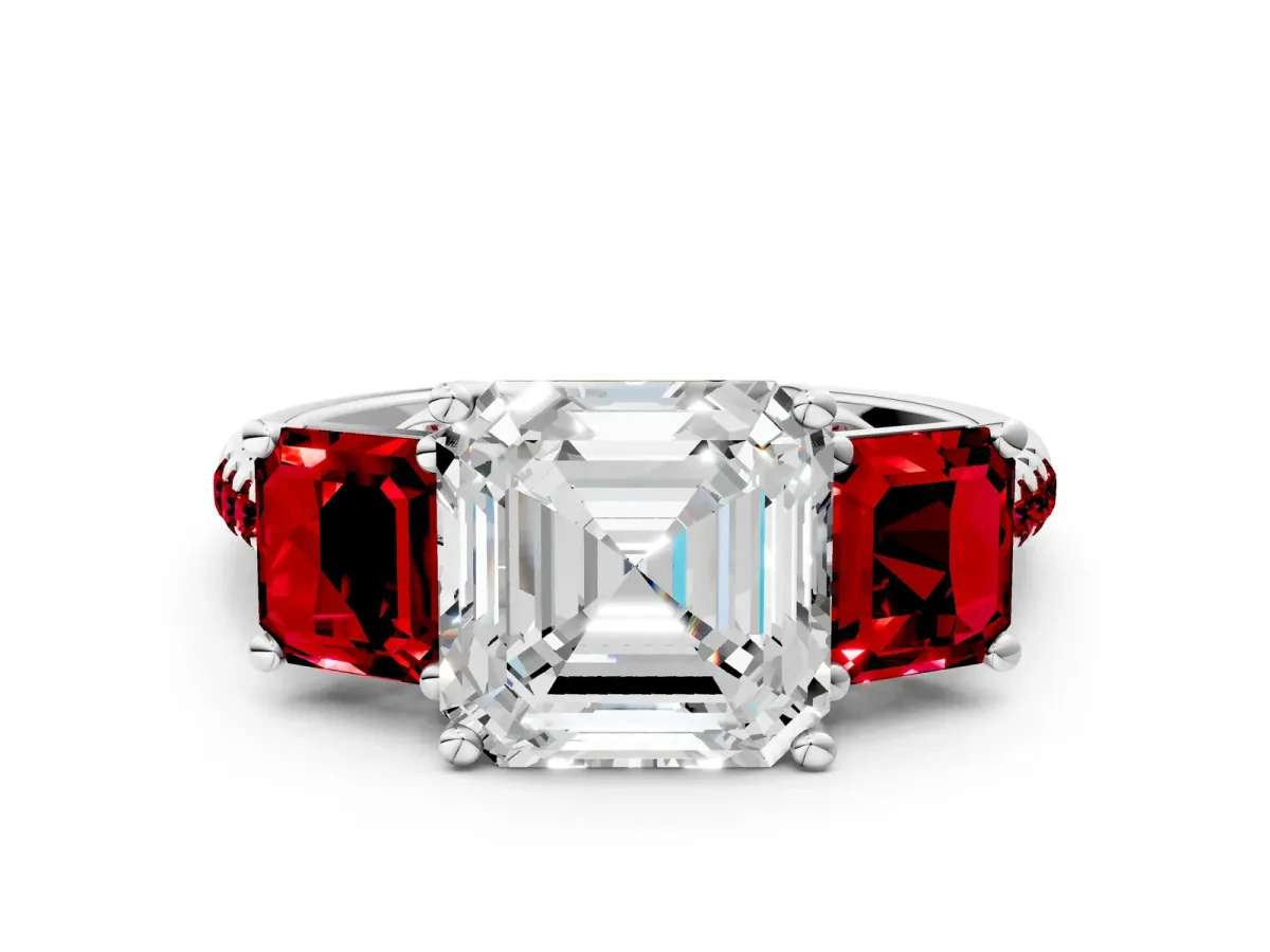Three-Stone Asscher Cut Diamond Ring with Round Ruby Pavé Band and Prong Setting White gold